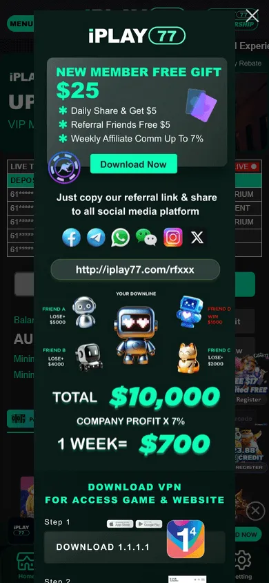 Iplay77 Casino mobile home screen with AUD casino content