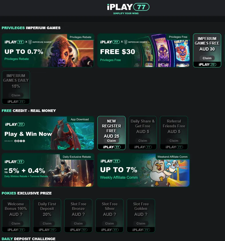 Iplay77 Casino promotions screen on desktop with welcome and recurring offers