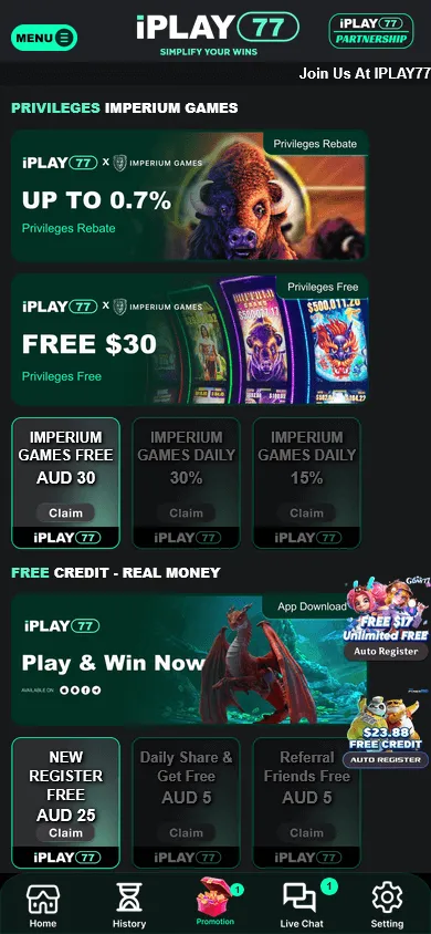 Iplay77 Casino promotions screen on a mobile device
