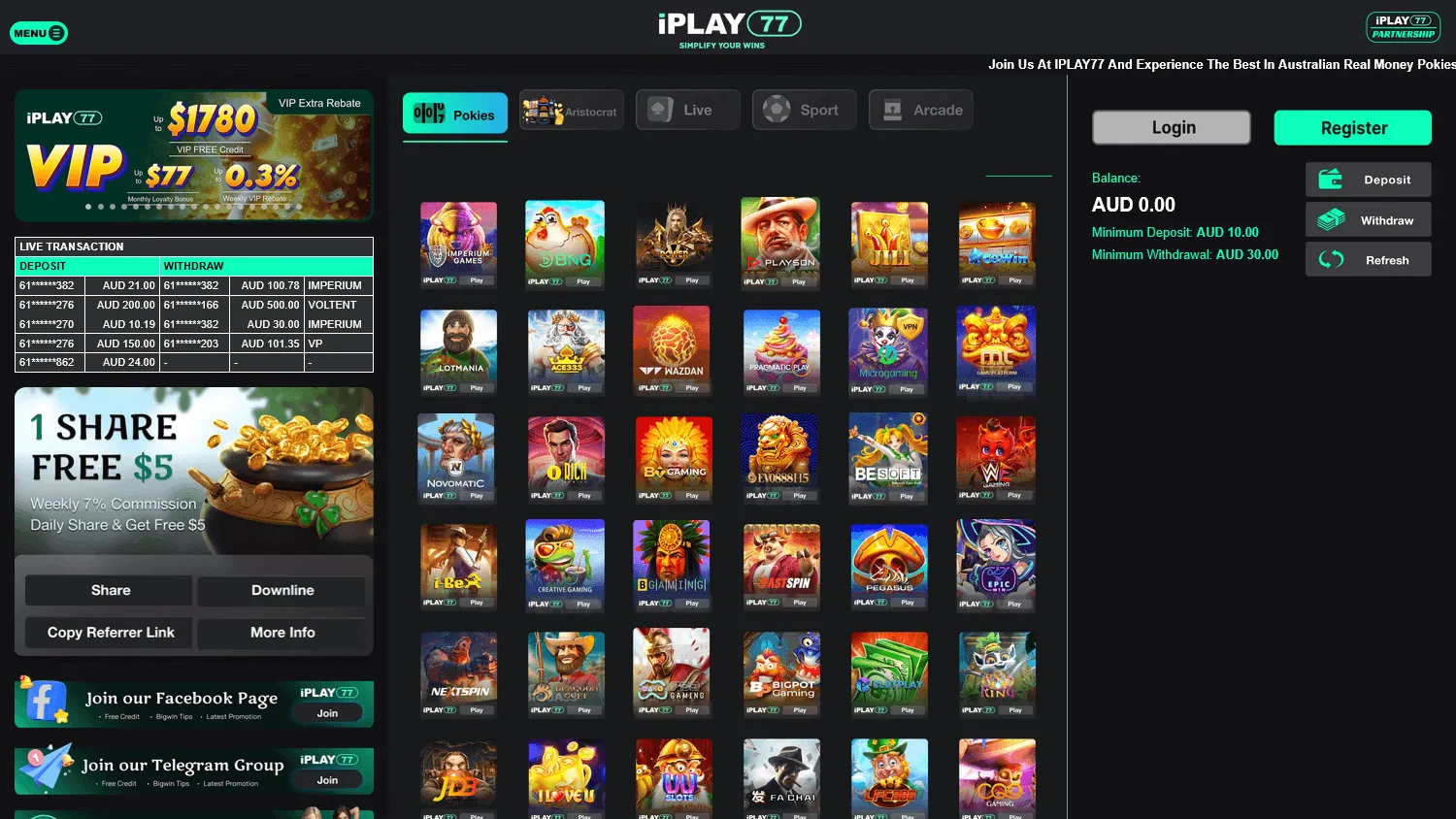 Iplay77 Casino home screen on a desktop device with AUD casino offers
